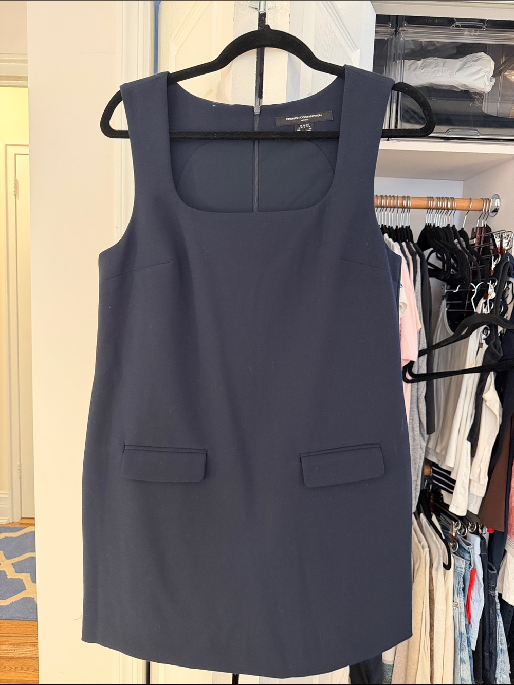 French Connection Navy Square Neck Mini Dress with Flap Pockets